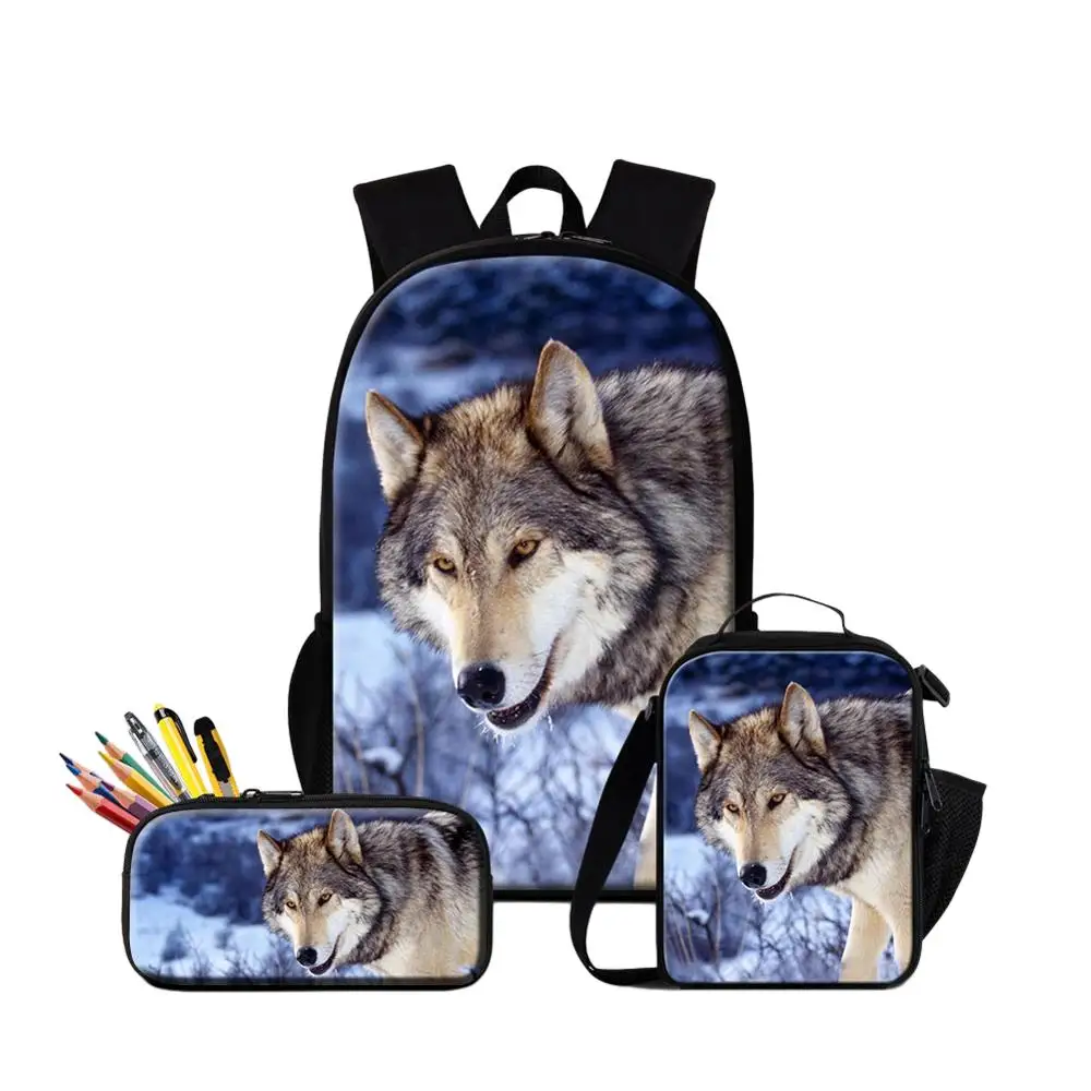 3PCS Set Wolf Printing Lightweight Schoolbags For Boys Multifunctional Backpack With Penbox Lunch Bag For School Custom Bookbag