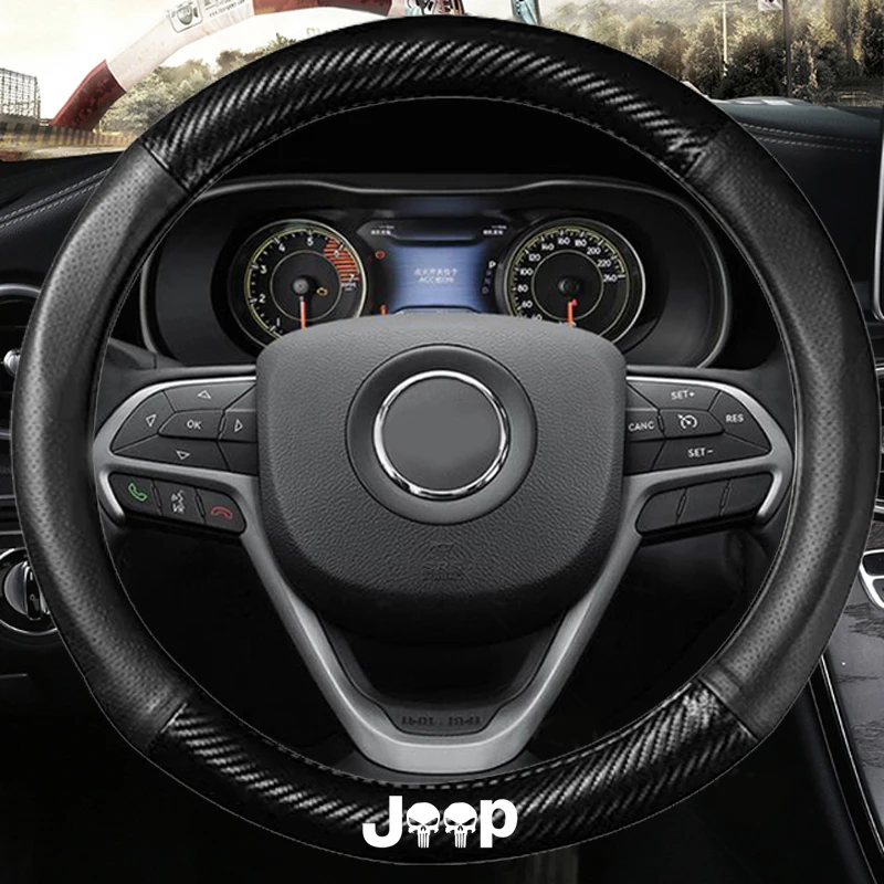 

For Jeep Cherokee Liberty Patriot Renegade Compass Wrangler Wagoneer Carbon fiber leather Car steering wheel cover with 3D Logo