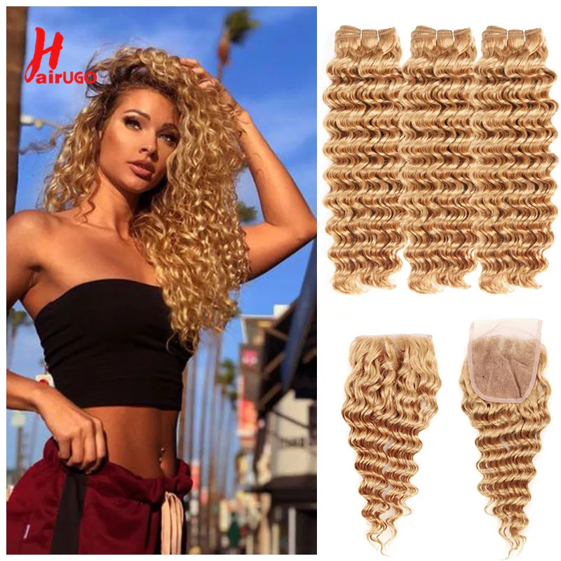 Honey Blonde 4x4 Lace Closure With Bundles #27 Deep Wave Human Hair Bundles With Closure T1B/27 Pre-Colored Hair Weave HairUGo