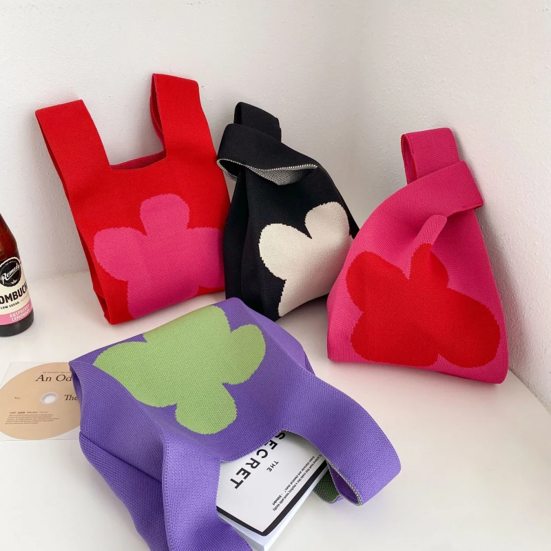 

Clover Flower Knitted Shoulder Bag Casual Female Reusable Shopping Bags Woven Thick Flexible Fabric Handbag Women