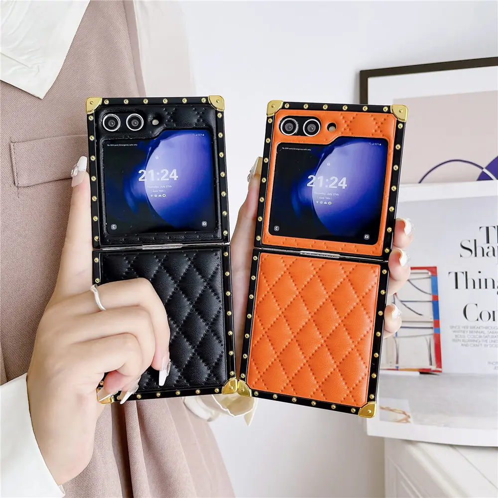 Coque de placage en cuir PU avec grille 3D, étui carré antichoc pour Samsung Galaxy Z Flip 5 Zflip 4 3_voghion.com