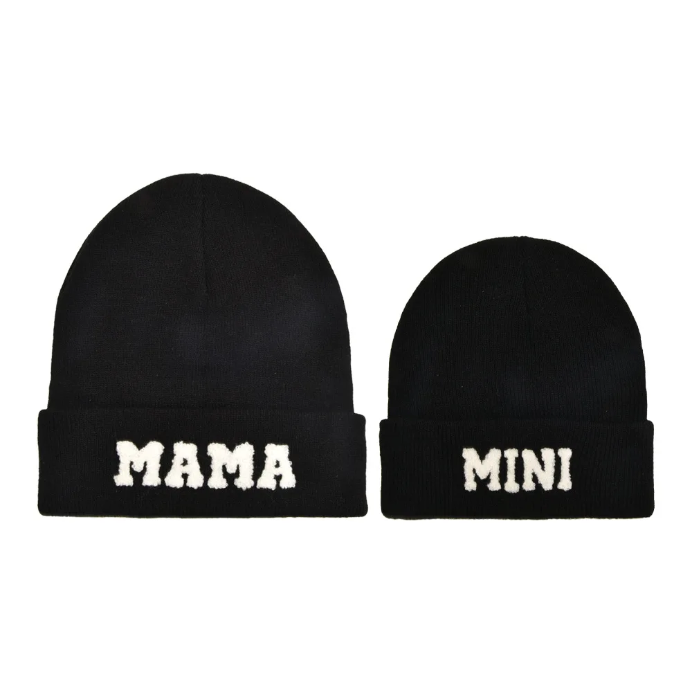 New Parent-child Knitted Hat Letter MAMA MINI Embroidered Beanie Hats Suit Mother Children Winter Outdoor Warm Pullover Cap 2Pcs