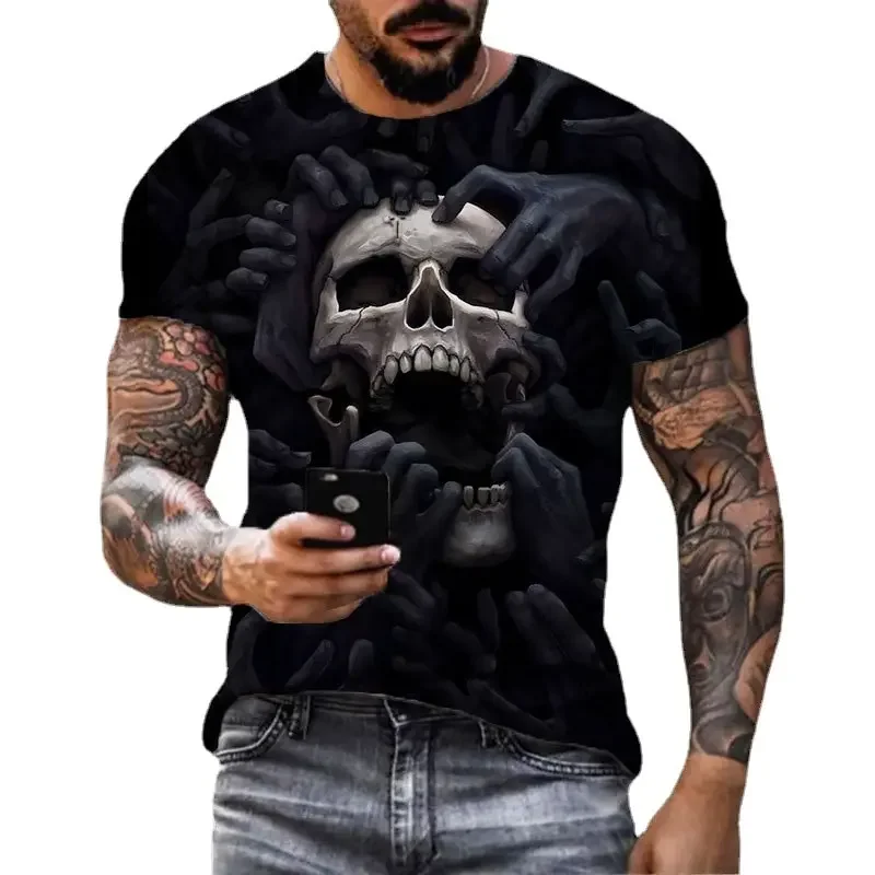 

2023 Summer Street Casual Loose Creative Horror Large Size Short Sleeve Fitness Daily Streetwear Men's Skull Print 3D T-Shirt