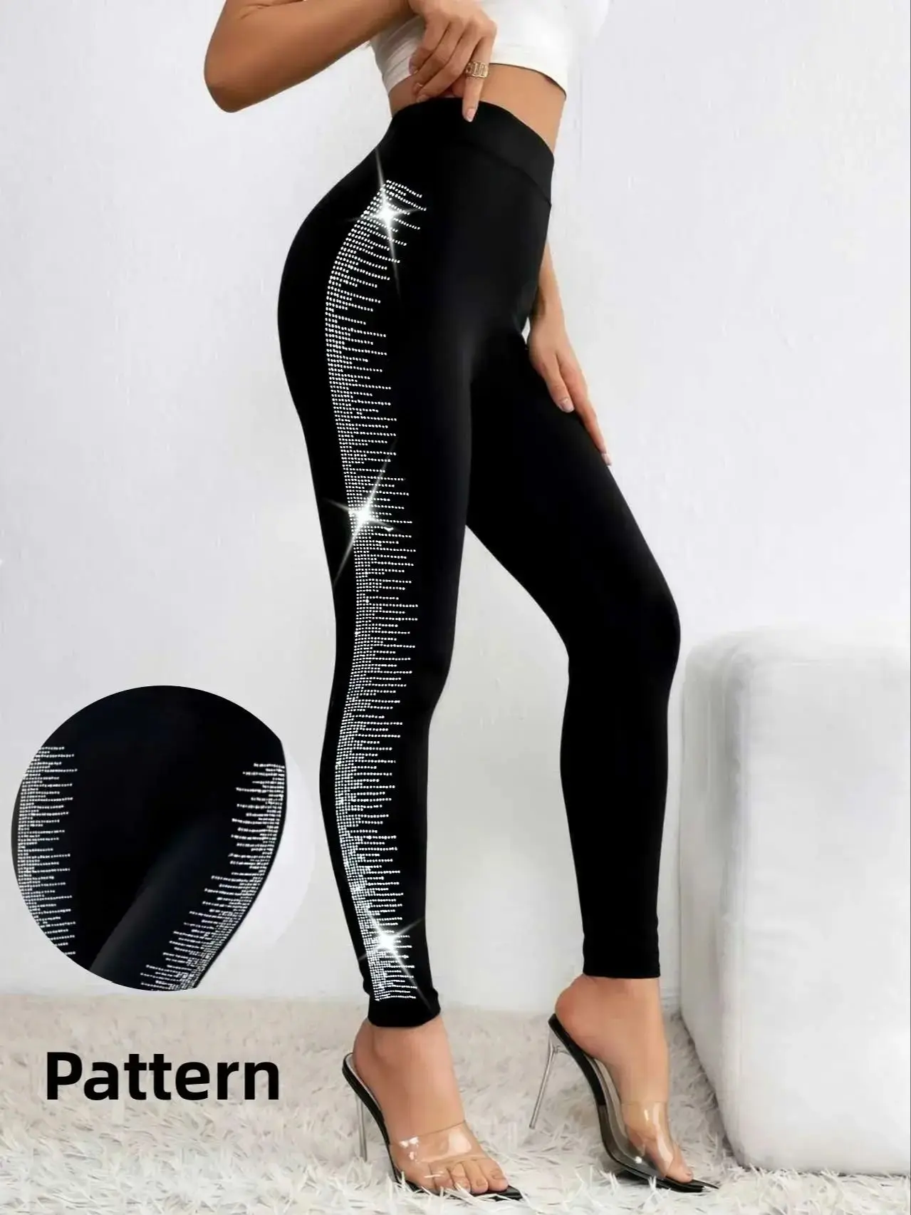 Asymmetrische Glitzer-Leggings für Damen, Glänzende Skinny-Hose mit Hoher Taille, Lässige Alltags- und Partykleidung – Detail 2
