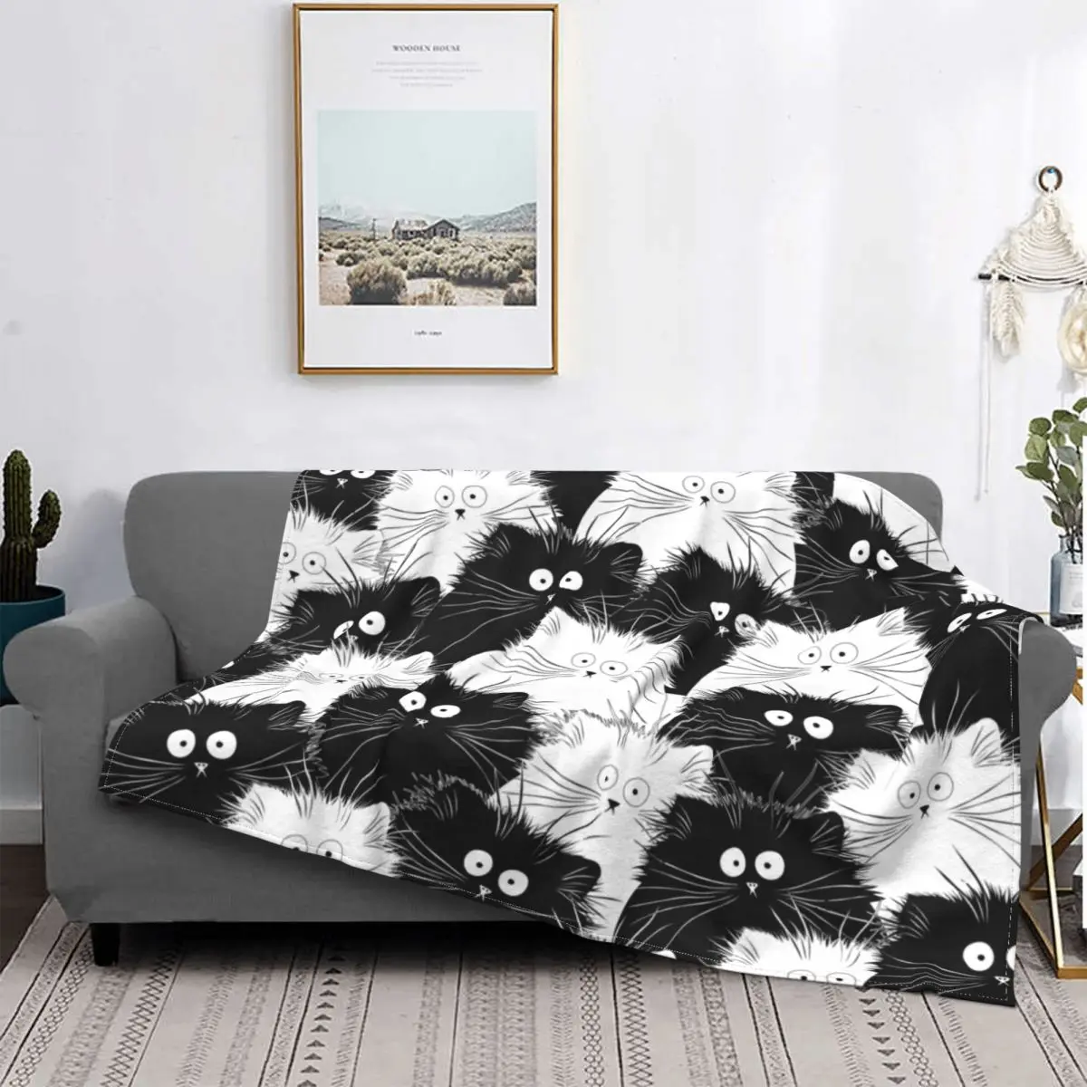 

Cute Cat Black White Pattern Blankets Flannel Winter Multifunction Super Soft Throw Blanket for Home Bedroom Bedding Throws
