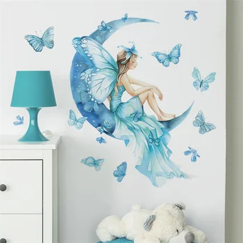 1 pezzo carino blu ragazze farfalle sulla luna adesivi murali per la decorazione della camera dei bambini decorazione della camera da letto dei bambini adesivo della parete del soggiorno 1
