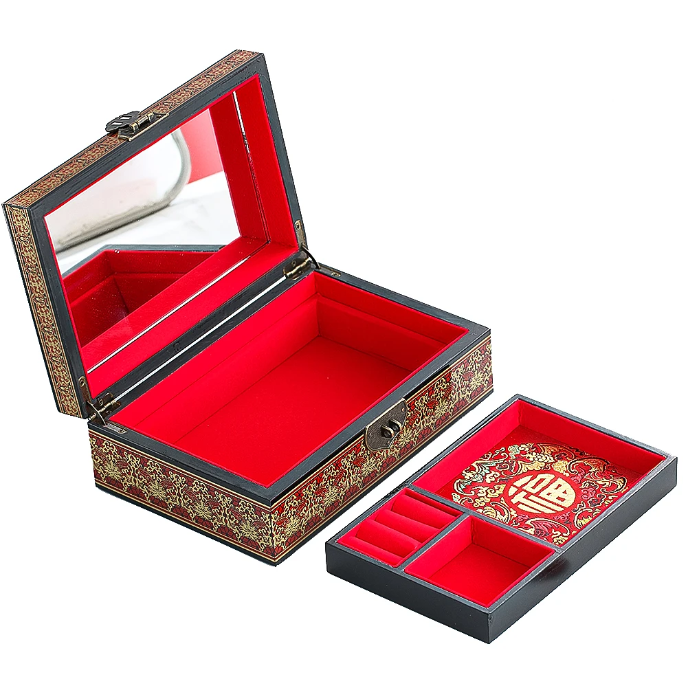 Chinese Magpie Jewelry Box Wooden Double Layer Jewelry Storage Handmade Painted Antique Makeup Case with Mirror Wedding Gift - Image 4