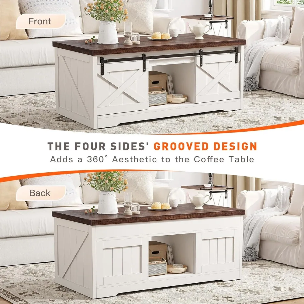 Farmhouse Lift Top Coffee Table with Sliding Barn Door Large Coffee Tables for Living Room, Wood Center Table