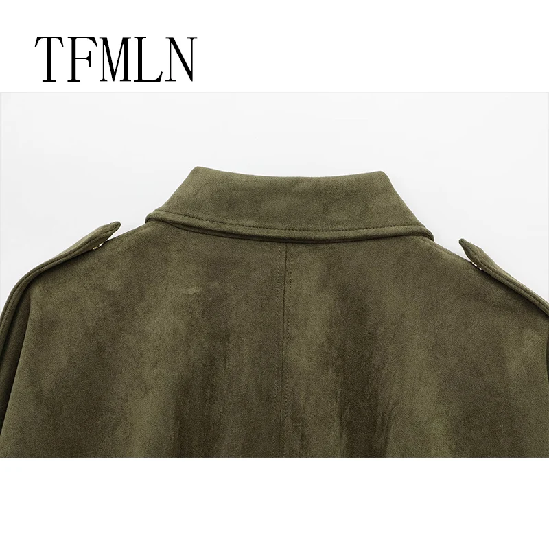 TFMLN New Fashion Suede Fabric Women Bomber Jackets 2025 Causal Long Sleeve Zipper Loose Coats Cropped Jacket Outwear
