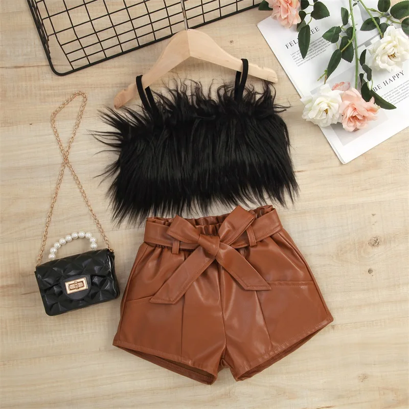 1-6Y Kids Girls Summer Clothes Sets Baby Sleeveless Plush Sling Tank Tops + PU Leather Short Pants with Belt Children Outfits