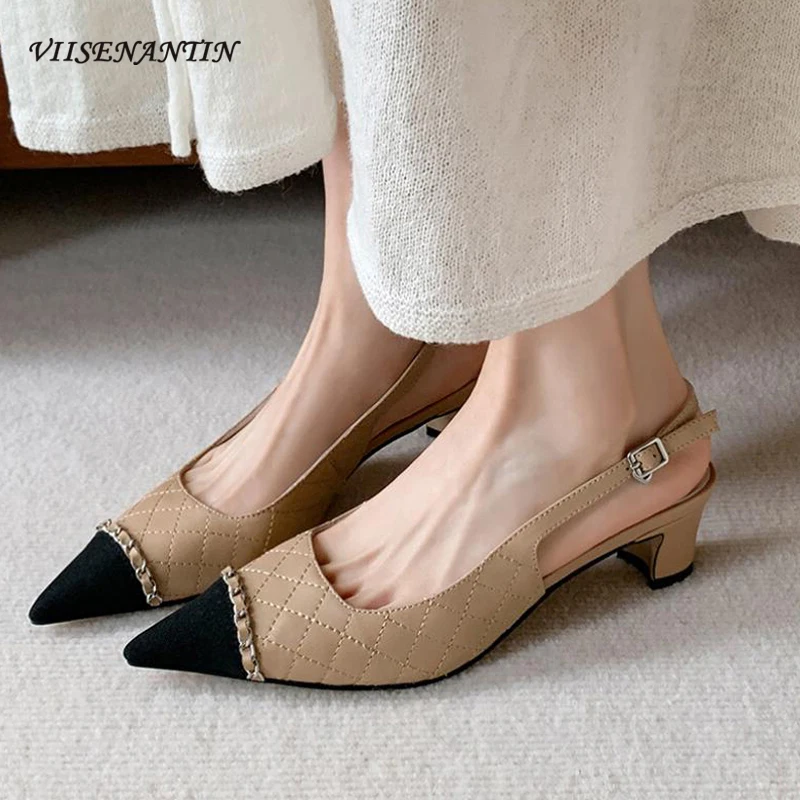 

Metal Chain Design Genuine Leather Sandals Women Pointed Toe Patchwork Slingback Chunky Med Heel Office Ladies High Heels Shoes
