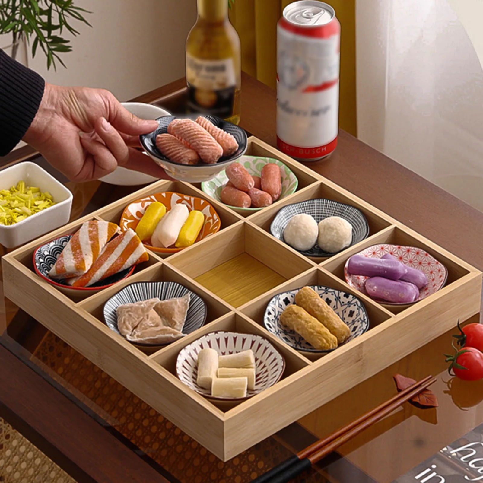 Multi Grid Divided Wooden Tray Multi-functional Snack Tableware Food Platter for Friend Family Neighbors Gift