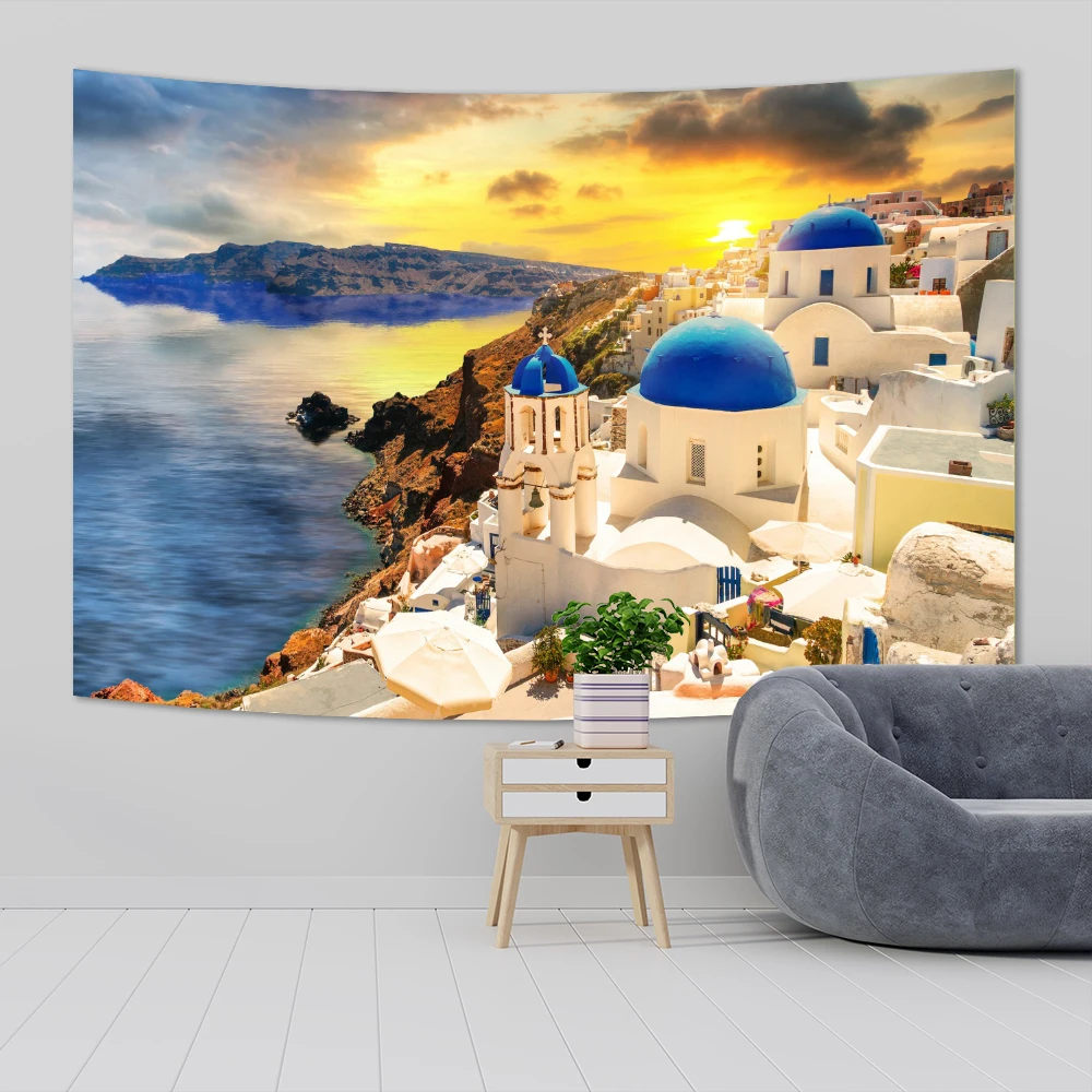 

QdDeco Santorini Tapestries Wall Hanging Beautiful Town Landmark Nature Europe Scenery Background Cloth Home Decoration