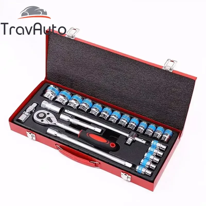 24Pcs Automobile Mechanical Maintenance Tool Kit 8-32mm 1/2" Socket Ratchet Wrench Combination Car Repair Combination Suit
