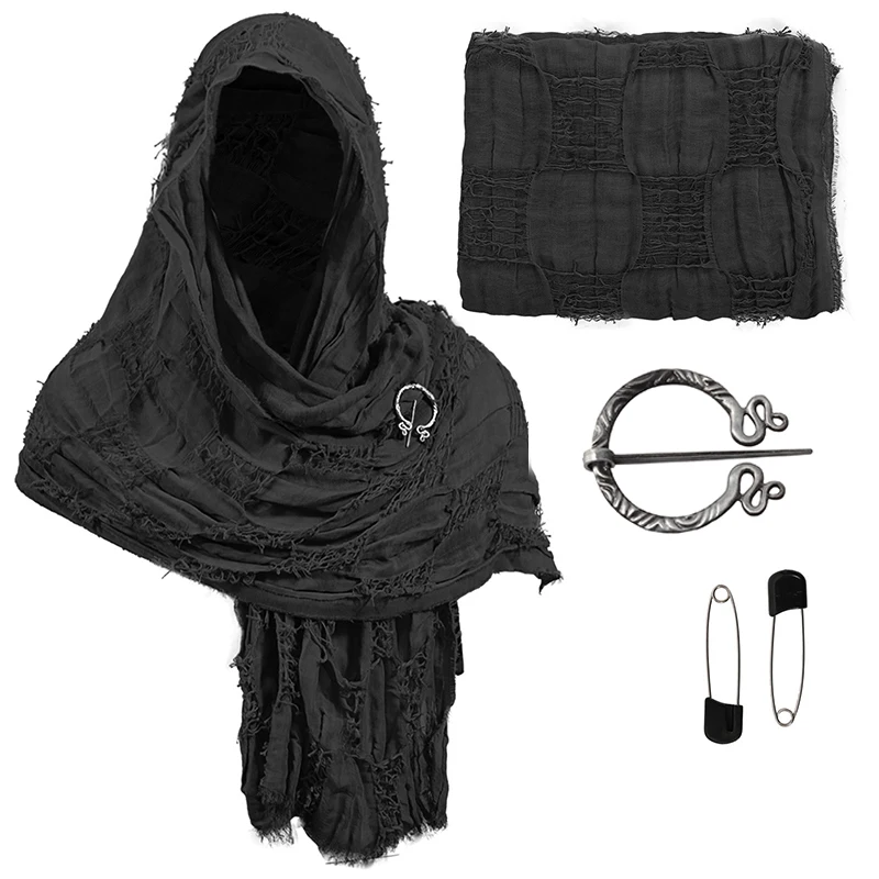 Retro Scarf With Brooch For Medieval Halloween Cloak Costume Cape Wrap Hooded Shawl Cosplay Accessories