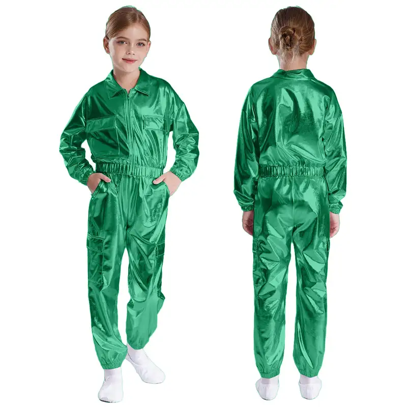 Kids Boys Girls Jazz Hip-Hop Street Dance Performance Costume Metallic Shiny Long Sleeve Athletic Jacket Coat with Pants Outfits - Image 14