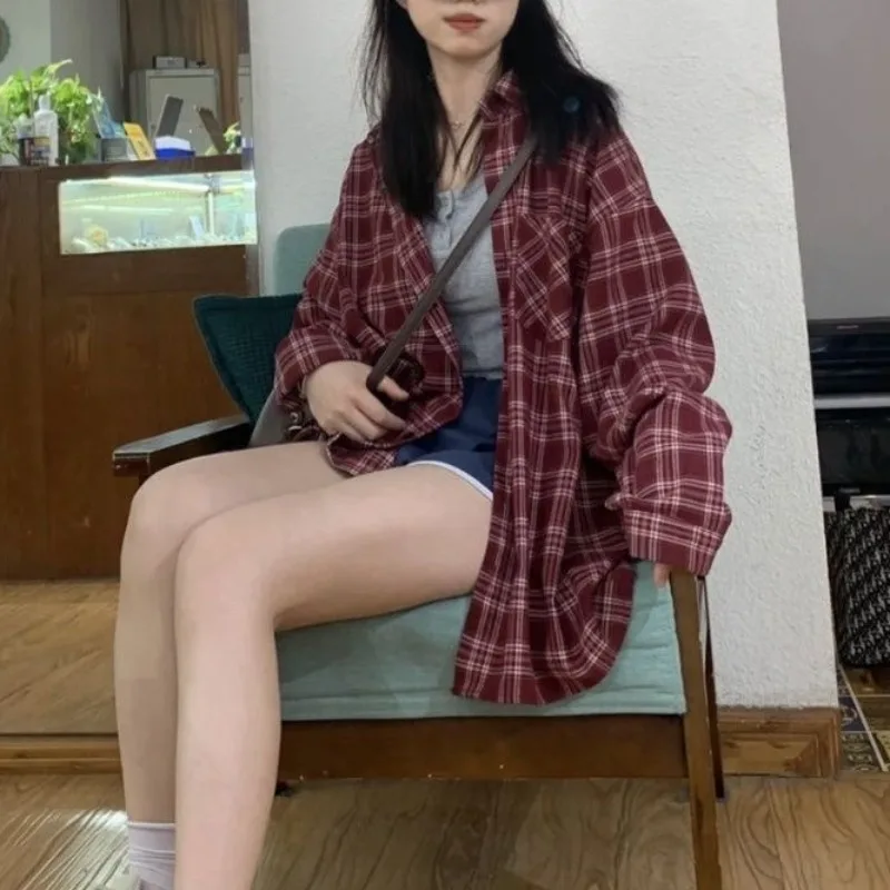 Fall Vintage Top Red Check Shirt Long Sleeve Women's Plaid
