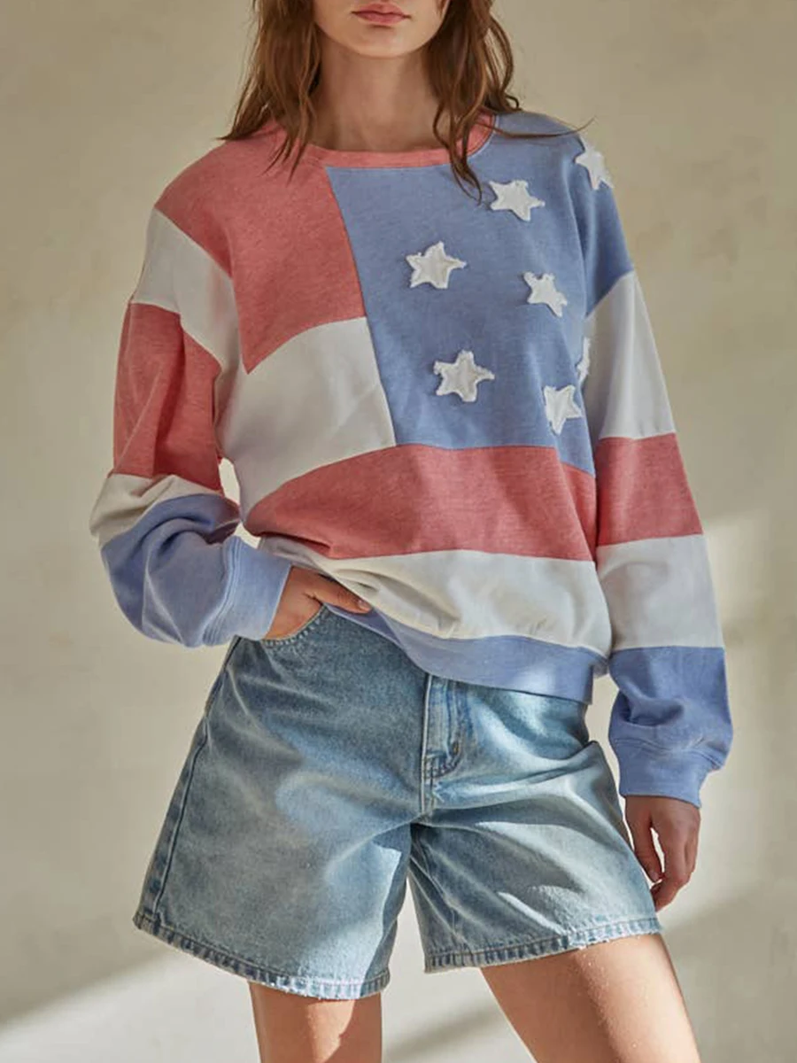 Women s Long Sleeve Shirt with Star and Stripe Print Loose Fit Basic Top Blouse for Casual Club Streetwear Aesthetic Fashion