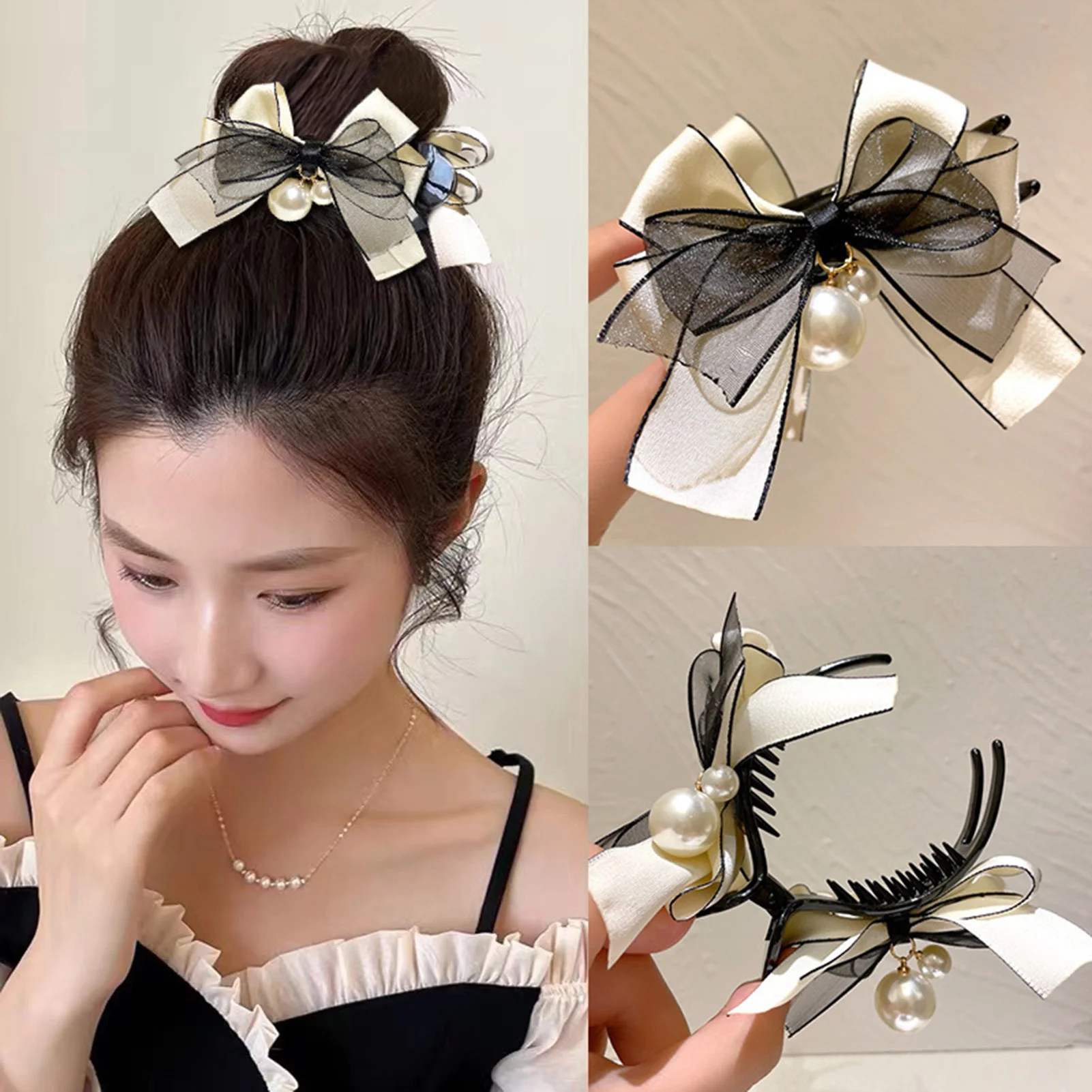 Koreanischen Stil Bowknot Haar Klaue Mode Gaze Satin Quaste Haar Clip Für Frauen Sanfte Vintage Große Schleife Haar Klaue Mädchen Haarnadeln – Detail 4