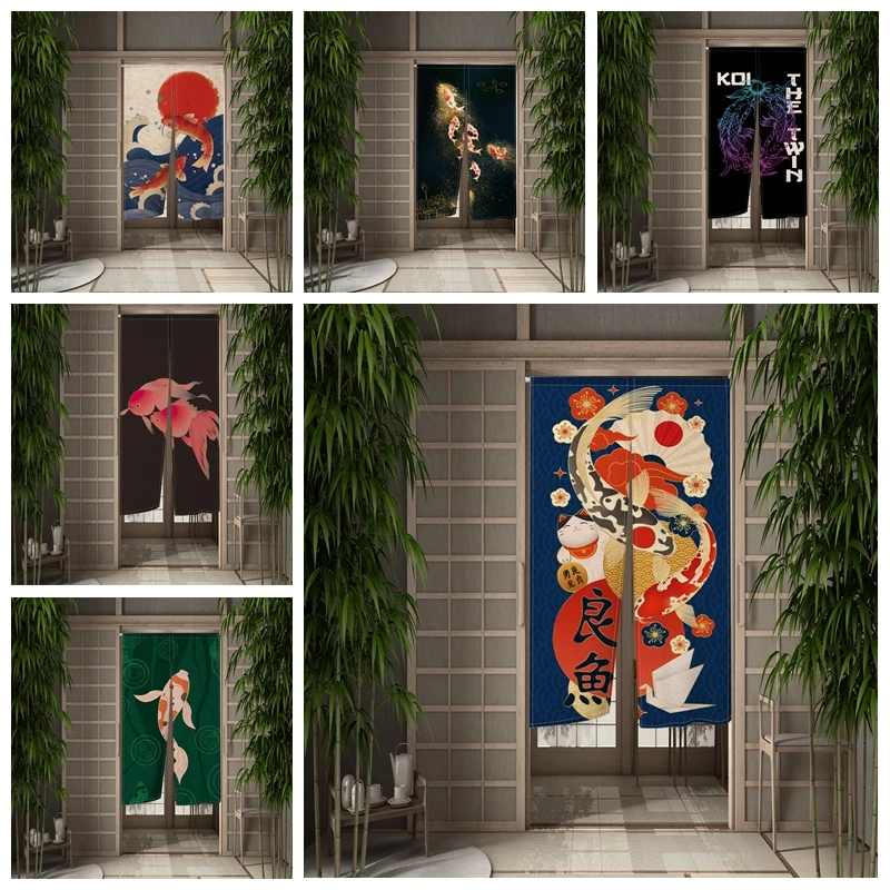 

Koi Door Curtain Dining Japanese Kitchen Door Curtain Ukiyo-e Painting Partition Curtain Drape Entrance Hanging Half-Curtains