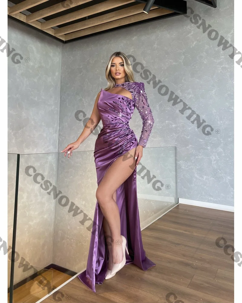 

Sexy One Shoulder Evening Dresses Satin Appliques Long Sleeve Formal Party Gown Women Prom Dress High Slit Robe De Soiree