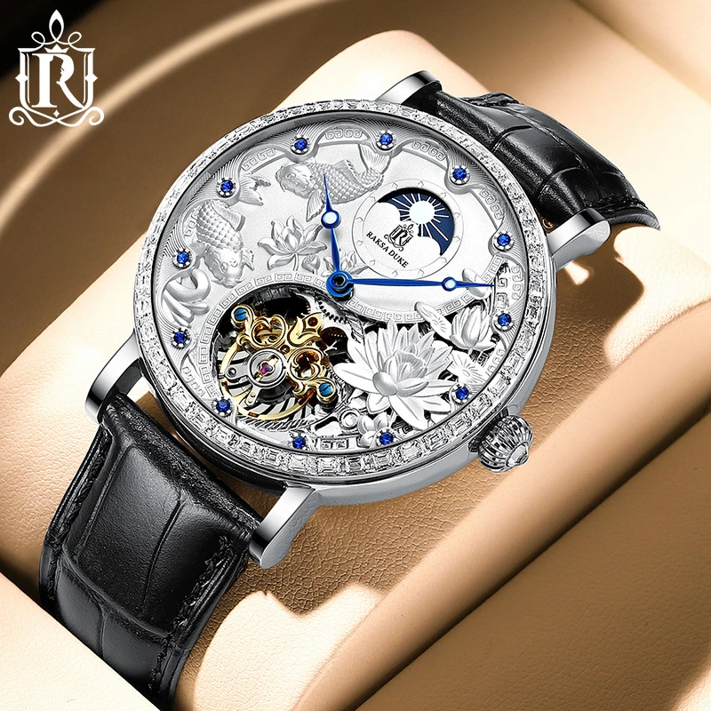 

Мужские автоматические механические часы с кожаным ремешком и турбийоном, светящиеся водонепроницаемые механические часы с функцией фазы Луны