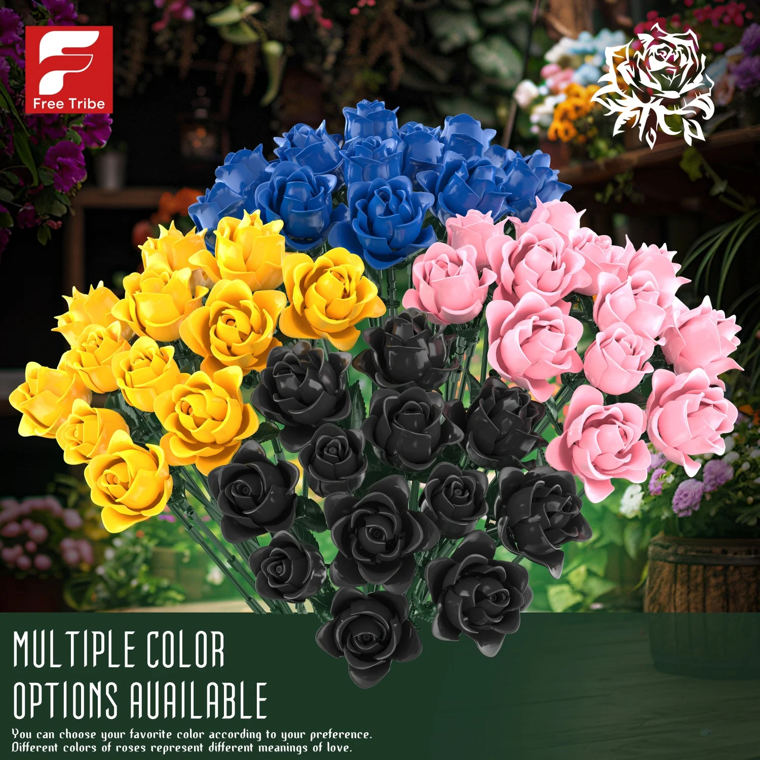 12PC Black Rose Building Blocks Plant Bouquet Simulated Roses