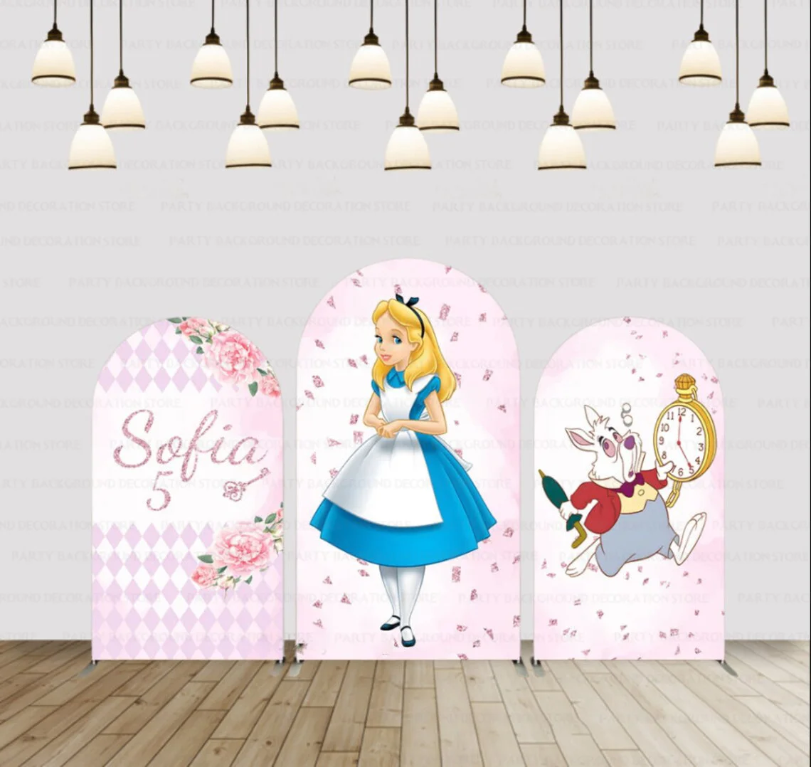 

Disney Kids Birthday Cartoon Princess Girl Alice In Wonderland Arch Baby Shower Backdrop Party Photography Background Decor