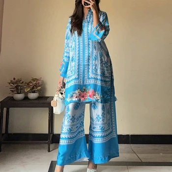 Women Elegant 2Pcs Loose Outfit 2025 All Match Female Set Retro Printed V-Neck Long Sleeved Blouse&Long Pants Temperament Suits 1
