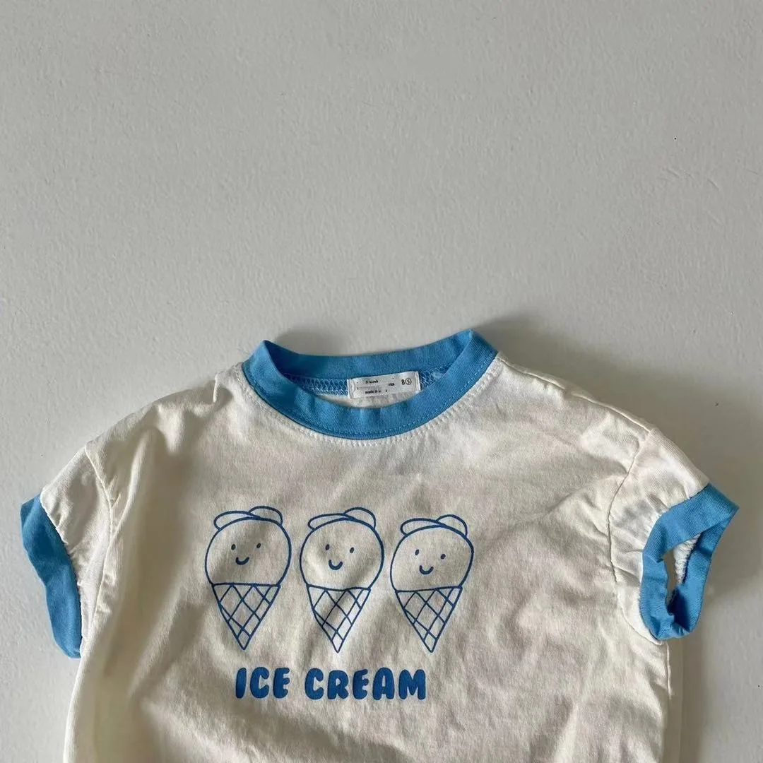 2022 Summer New Baby Cute Ice Cream Print Clothes Set Infant Boy Short Sleeve T Shirt 2pcs Set Cotton Baby Girl Plaid Shorts Set Baby Clothing Set classic