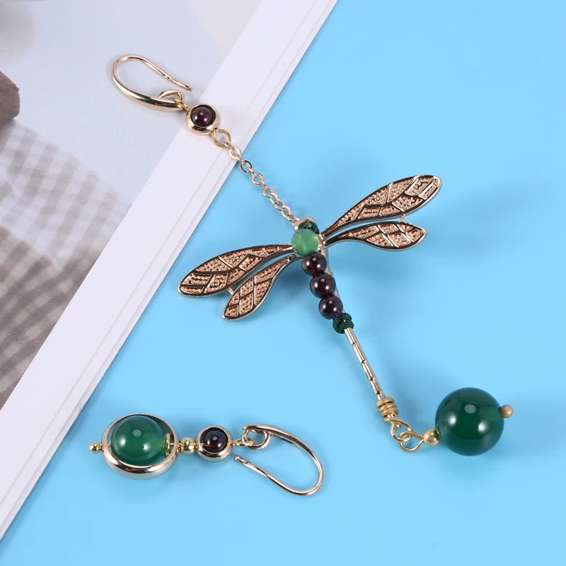 Ethnic Vintage Dragonfly Stone Bead Asymmetric Dangle Earrings Fashion Jewelry Drop Hook Earrings For Women Gift