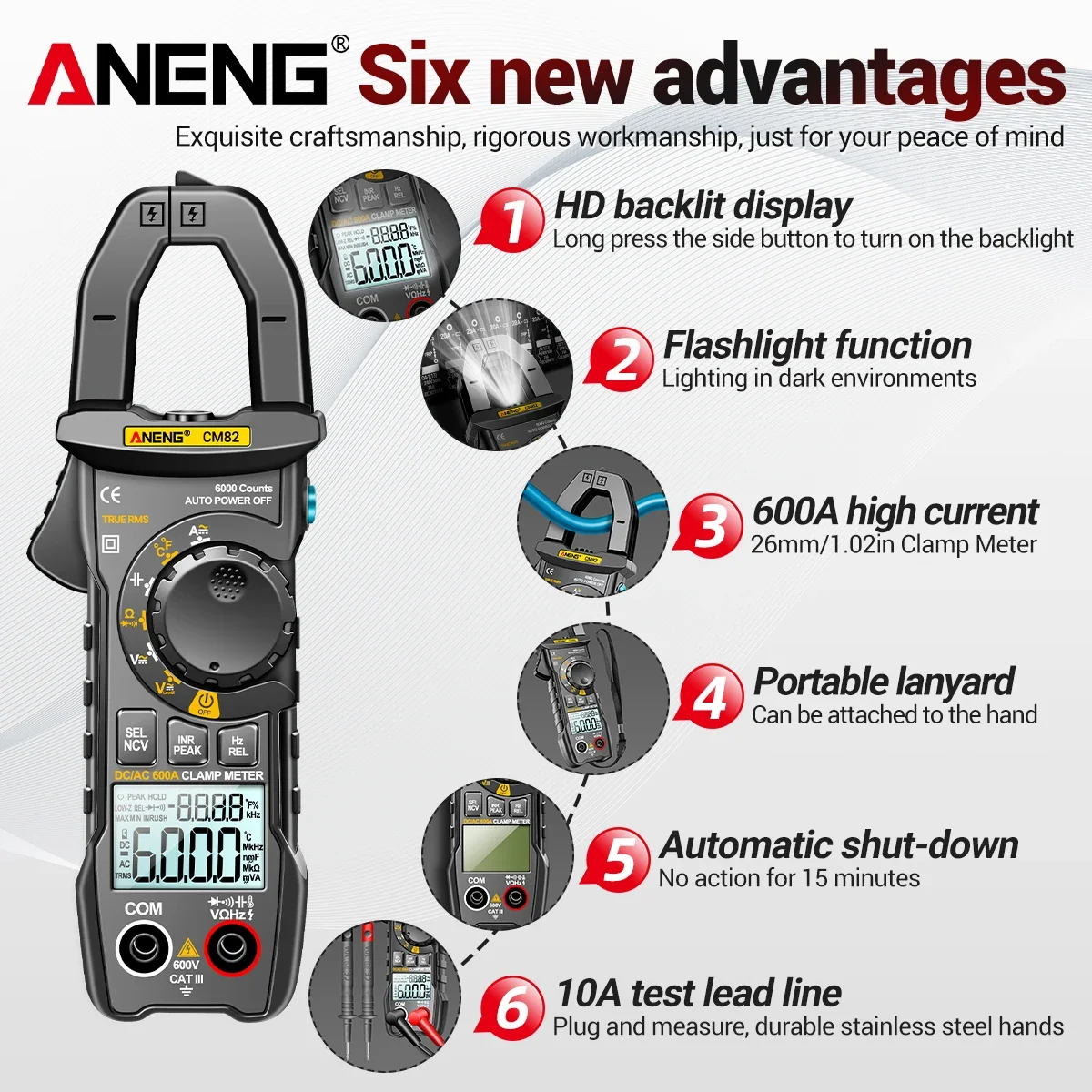 ANENG CM82 클램프 게이지 True RMS 600A AC/DC 600V AC/DC 전압 NCV 전기 기술자용 전기 테스트 전용 미터