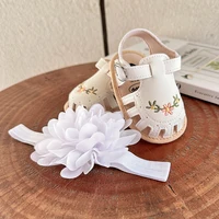 2pcs Newborn Baby Girls Floral Pattern Closed Toe Non-Slip Soft Sole Sandals & Headband Set, Spring & Summer 4