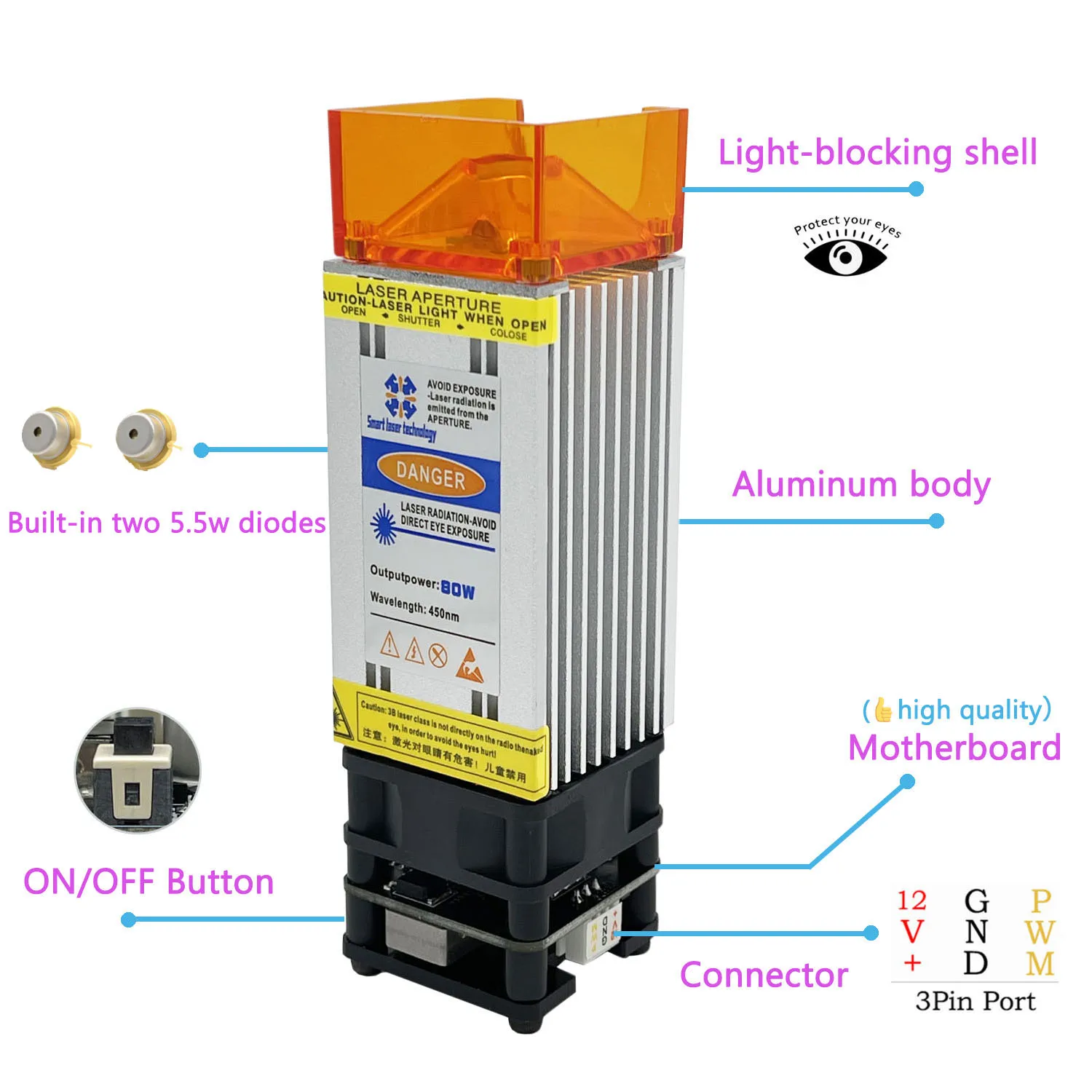 5.5W 10W 20W 30W 40W Laser Module 450nm Engraving Laser Head Fixed Focal  Length High Precision Engraving for CNC Laser Engraver