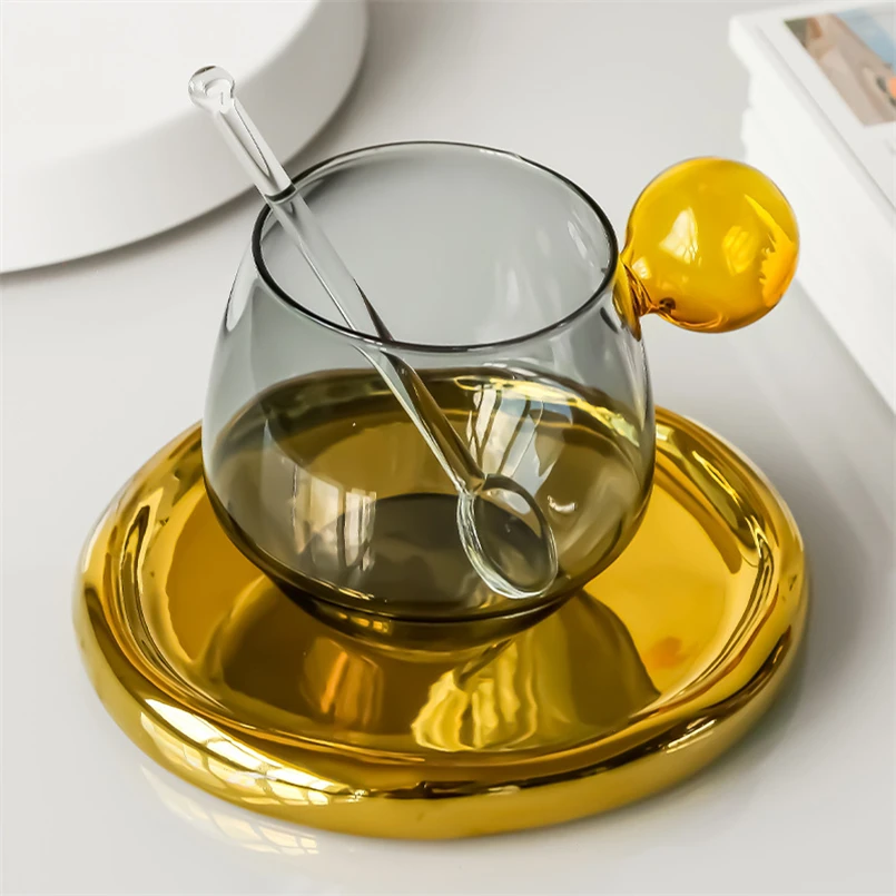 Nordic Style Niche Entry Latte Coffee Cup Saucer Spoon Suit British Afternoon Tea Set Household Heat Resistant Glass Cup