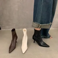 Leisure Ankle Boots Women Shoes Winter Pointed Toe Shoes Woman Thin High Heels Solid Metal Decoration Leather Modern Boots - Image 5