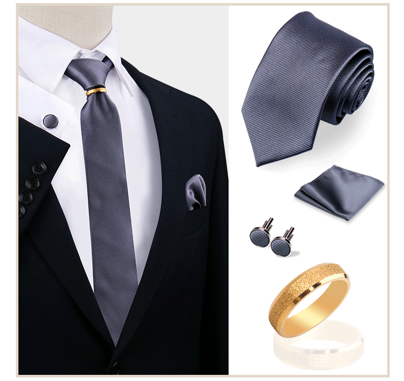 Luxus-Krawattenset in Uni-Farbe für Herren, Krawatte, Taschentuch, Manschettenknöpfe mit goldenem Metallring, Brosche, Anzug, Hochzeit, Herren-Accessoires – Detail 29