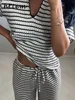 Casual Women's Knit Striped Pullover Pants Set Loose Polo Collar Short Sleeve T-shirt Drawstring Wide Leg Pant 2025 Lady Outfit 2 Casual Women's Knit Striped Pullover Pants Set Loose Polo Collar Short Sleeve T-shirt Drawstring Wide Leg Pant 2025 Lady Outfit 2