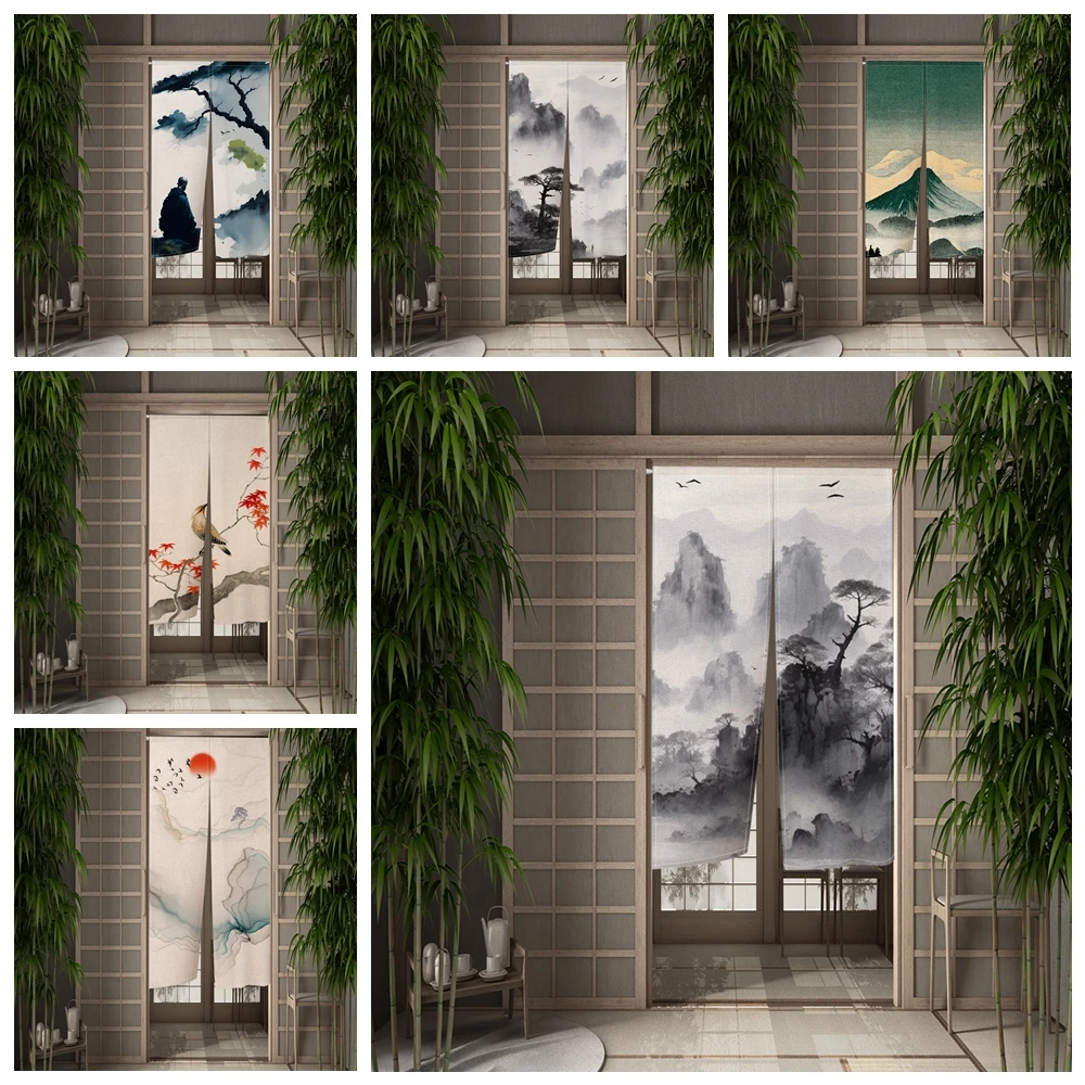 

Chinese Traditional Ink Painting Door Curtain Mountain Pine Tree Bedroom Kitchen Entrance Partition Split Hanging Half Curtain