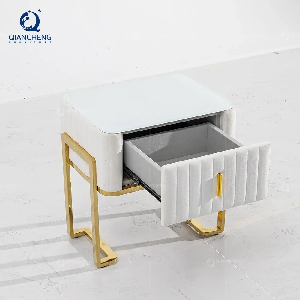 Minimalist Style Velvet Fabric Bedside Table With Strong Box Children's White And Gold Steel Bedside Cabinet With Table In China