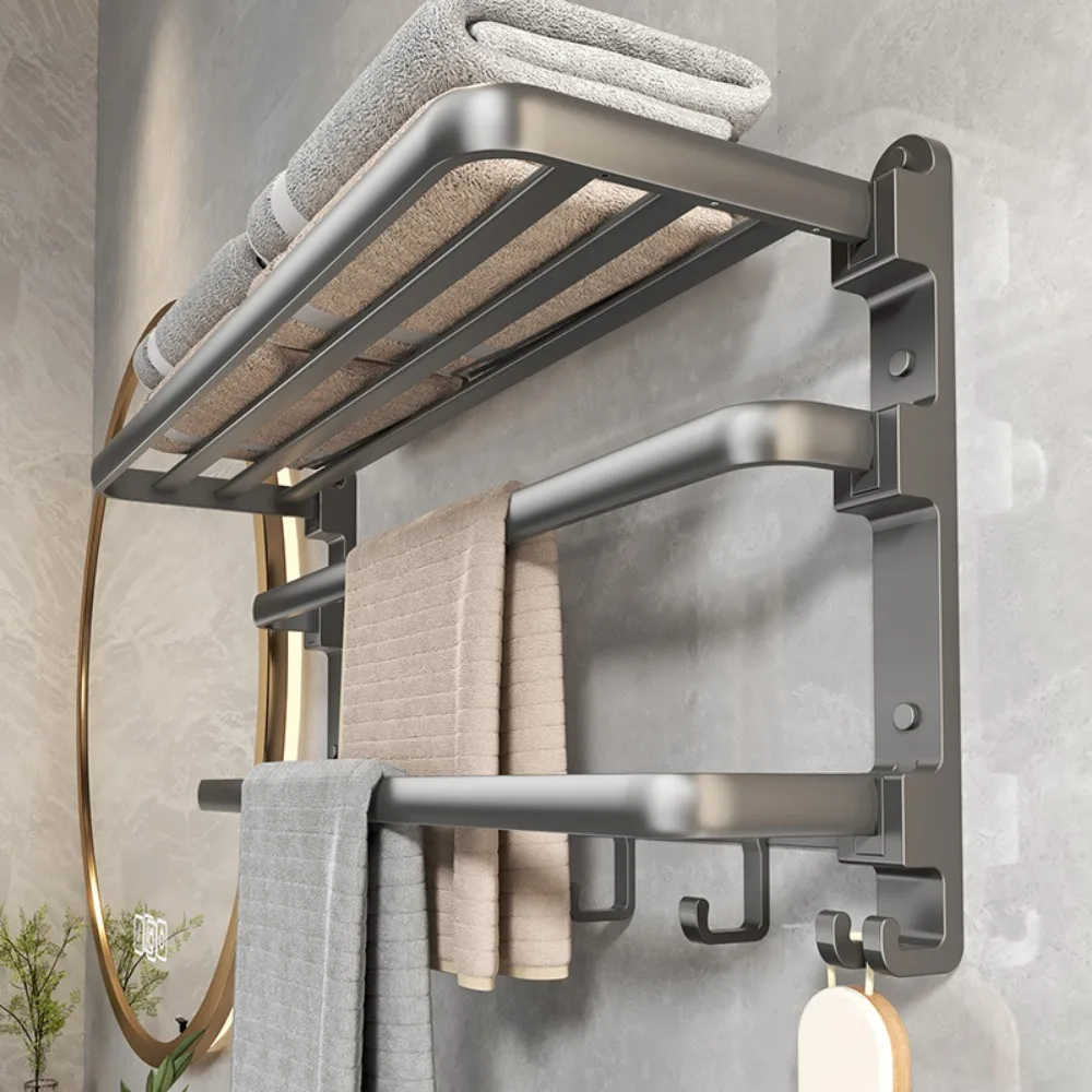 Bathroom Accessories Triple Tier Folding Space Aluminum Towel Rack Gun Gray Wall-mounted Hardware Pendant Set Bath Towel Holder