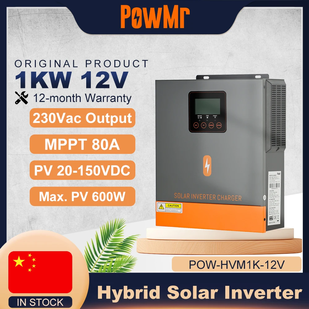 อินเวอร์เตอร์ไฮบริดพลังงานแสงอาทิตย์ PowMr 1KW 12V เป็น 220Vac รองรับแผงโซลาร์เซลล์สูงสุด 150VDC พร้อมคลื่นไซน์บริสุทธิ์ และตัวควบคุมการชาร์จพลังงานแสงอาทิตย์ MPPT 80A 1