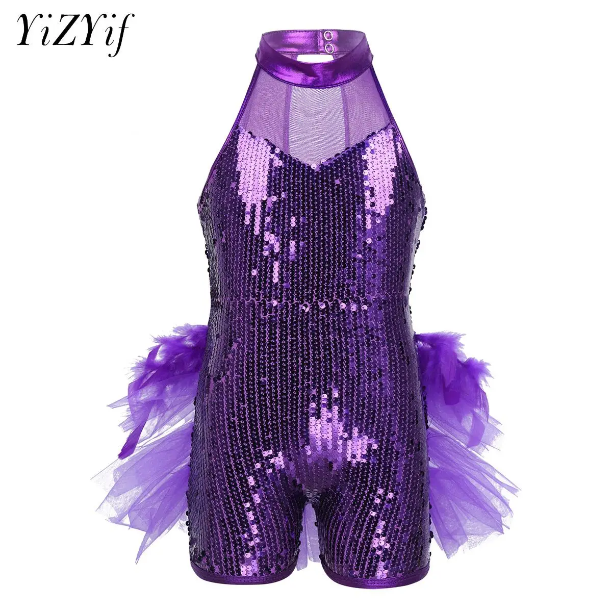 

Kids Girls Jazz Latin Ballet Dance Leotard Jumpsuit Sleeveless Sequins Shorty Unitard Gymnastic Mock Neck Professional Dancewear