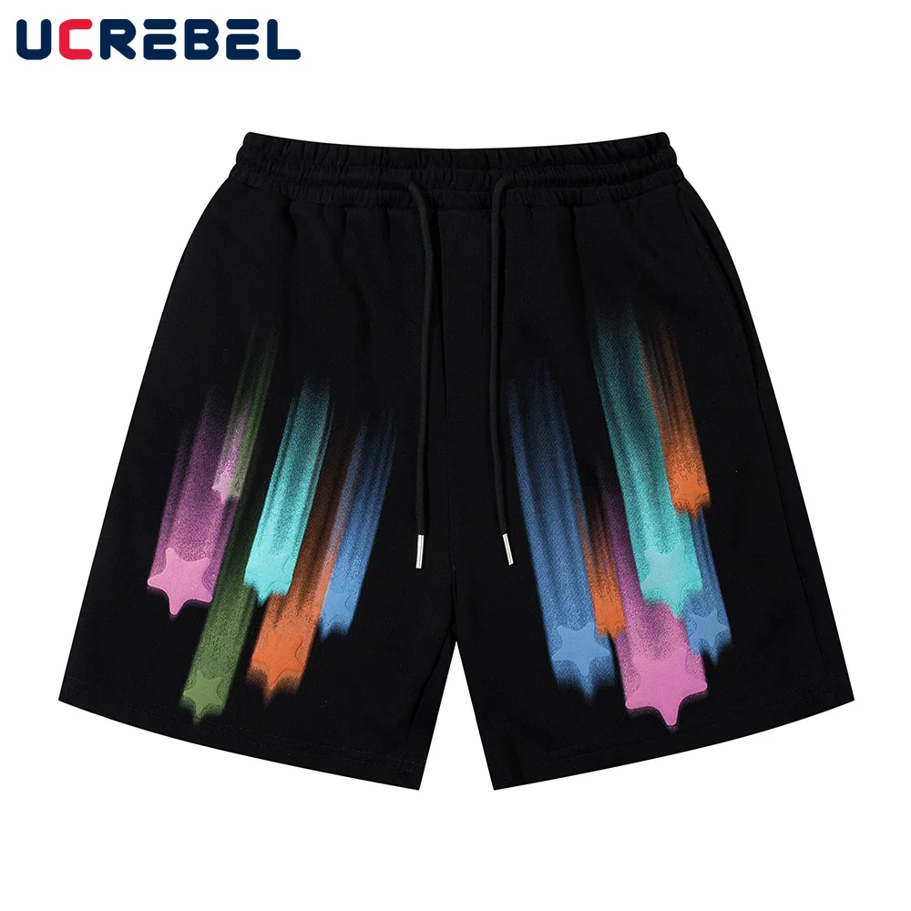 

Five-pointed Star Graffiti Shorts Mens Summer High Street Elastic Waist Loose Wide Leg Cotton Short Pants Men