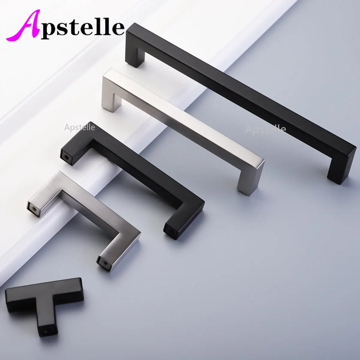 Apstelle-tirador cuadrado de acero inoxidable para puerta de cocina, mueble de cocina, color plateado y negro, estilo europeo