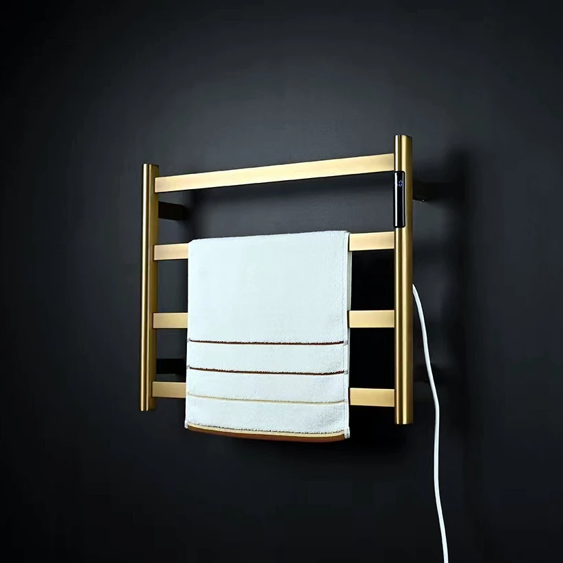 Brushed Gold Electric Towel Rack Stainless Steel Temperature Control Time Smart Home Heated Towel Rack