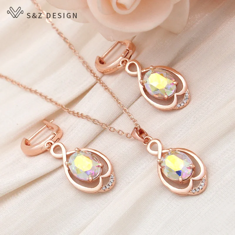 S&Z DESIGN New Fashion Egg Shape Oval Dangle Earrings Jewelry Sets For Women Cubic Zirconia 585 Rose Gold Color Pendant Necklace