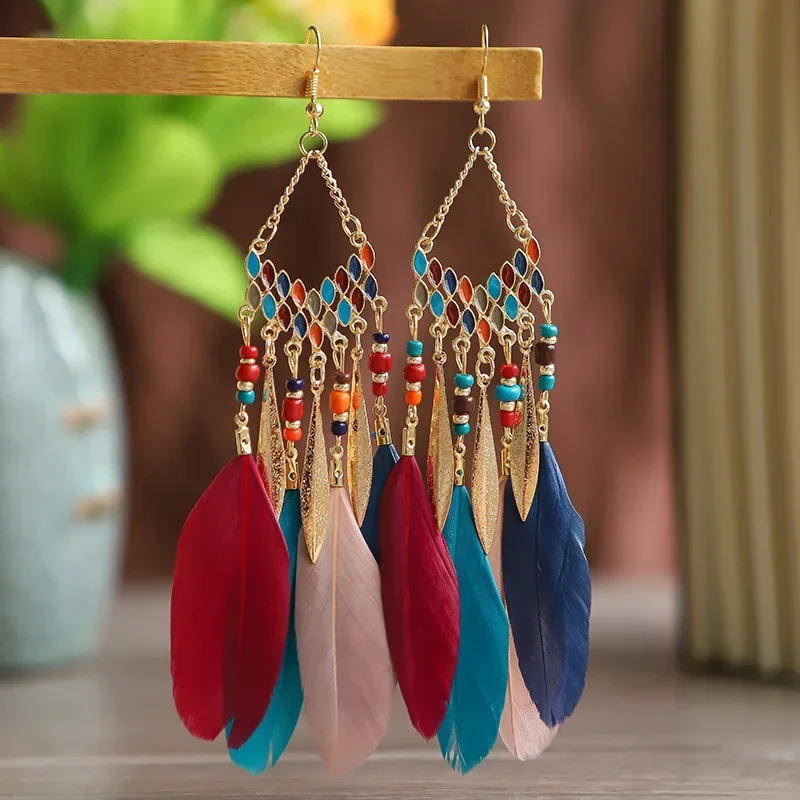 Bohemian Feather Dangle Earrings Tassel Beads Drop Earrings For Women