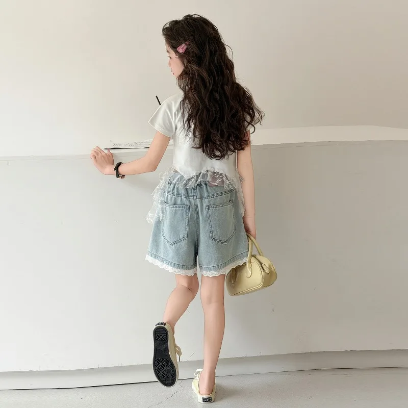 여아 반바지 여름 2026 레이스 트림 연청 데님 반바지 진주 장식 하이웨이스트 아동복