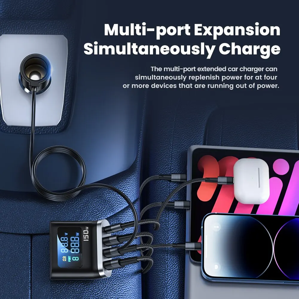Car Charger 150W 5 in 1 Fast Charge USB Type C QC PD 3.0 Cigarette Lighter Splitter